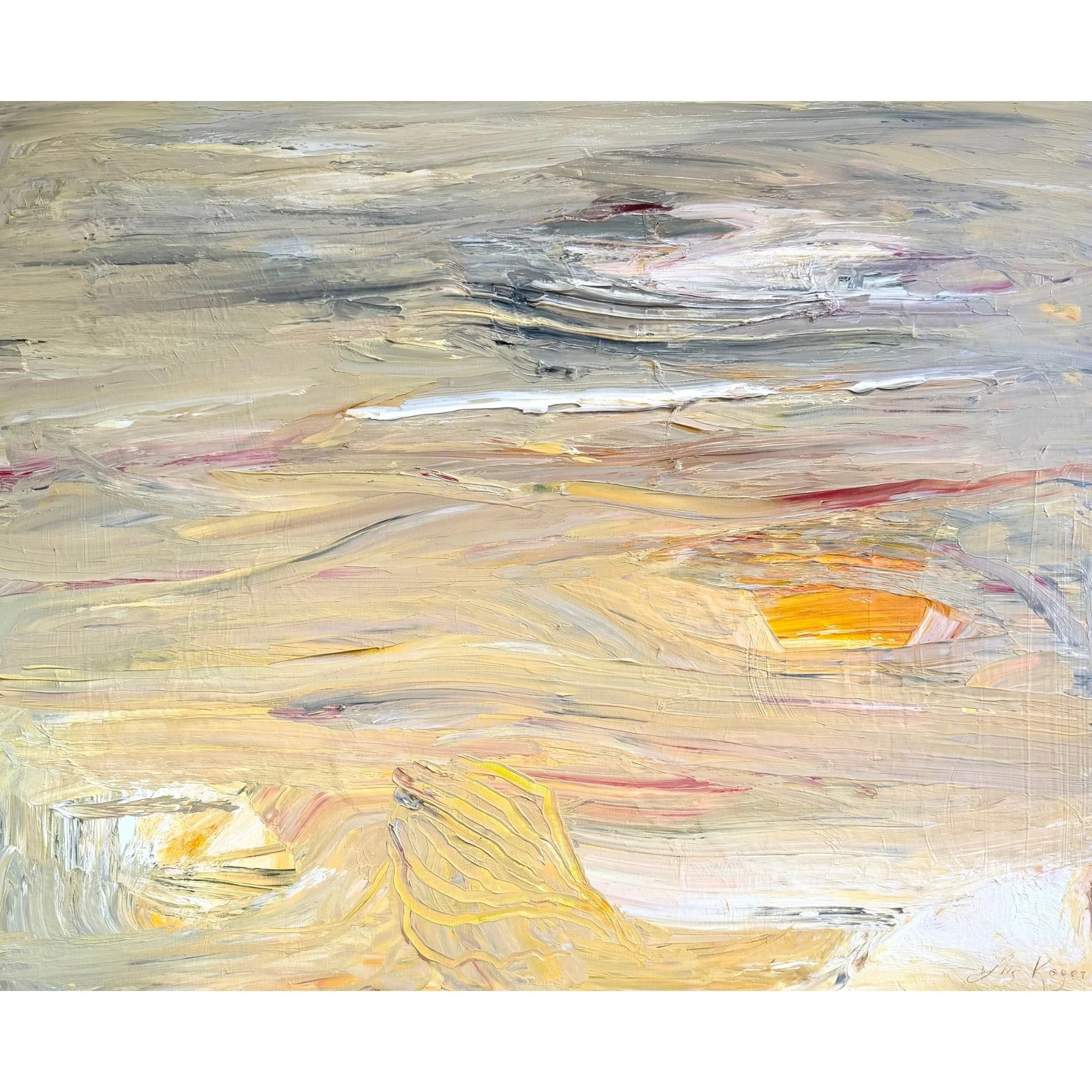 Together In Spirit, original 81 × 100 cm abstract oil painting on canvas featuring expressive textures, soft neutral colours and warm golden accents, symbolising spiritual love and connection.
