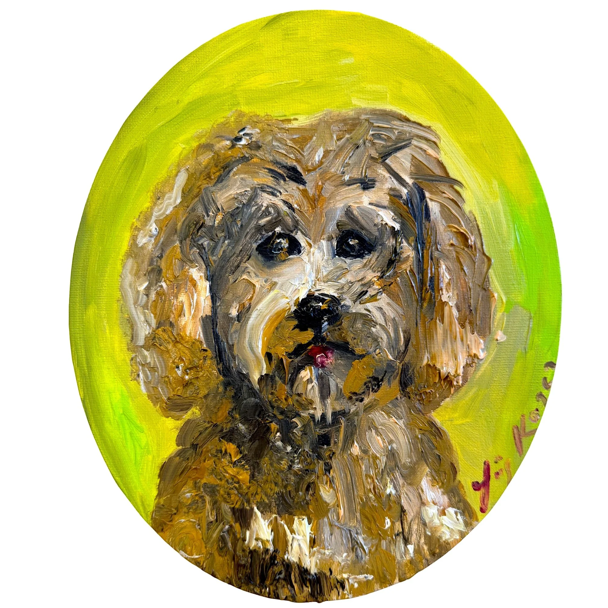 Abstract expressionist Goldendoodle dog portrait, original oil painting by contemporary artist Liis Koger, featuring vibrant lime green background, expressive impasto brushstrokes and richly textured