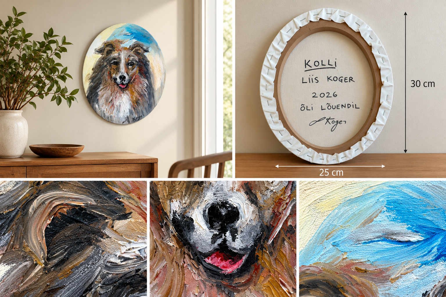 Original Collie dog portrait in oil by Liis Koger, displayed in a home interior with close-up details of abstract expressionist brushwork, textured paint and signed canvas reverse, 30 × 25 cm.