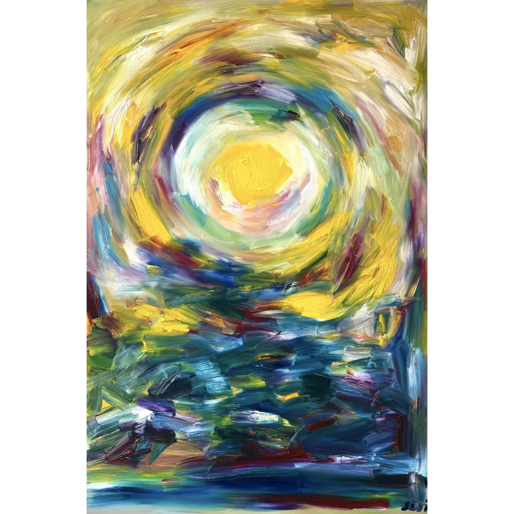 Abstract oil painting “Guiding Your Night” by Liis Koger, deep blue tones with light reflections, created for peaceful contemplation.