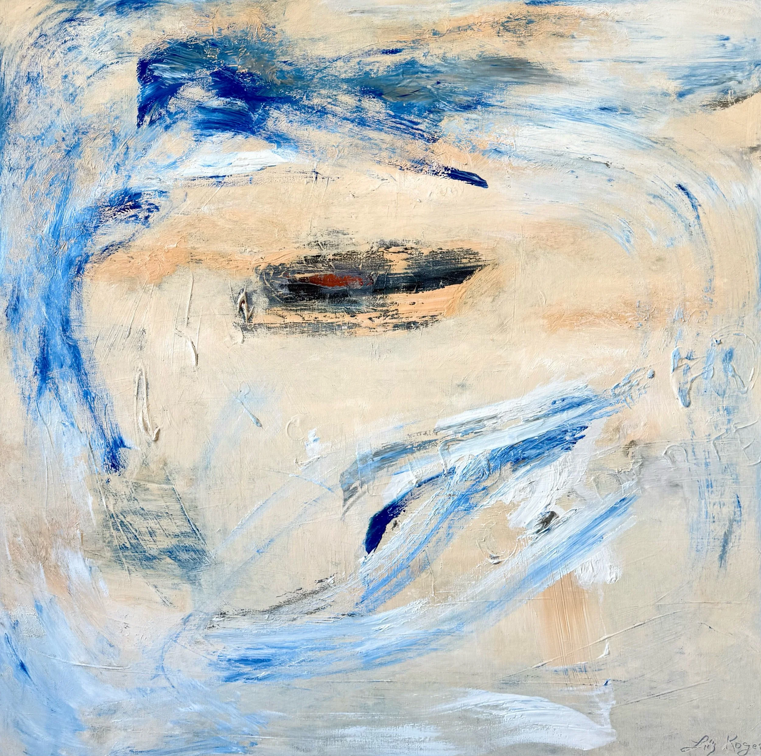 Abstract painting “Libertad O Muerte Spirit. One Heart” by Liis Koger, 100×100 cm, expressive mix of romance and wild energy.