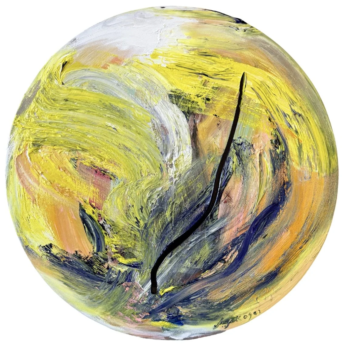 Abstract round oil painting “Starthing” by Liis Koger, 50 cm diameter, yellow tones symbolizing growth and light.