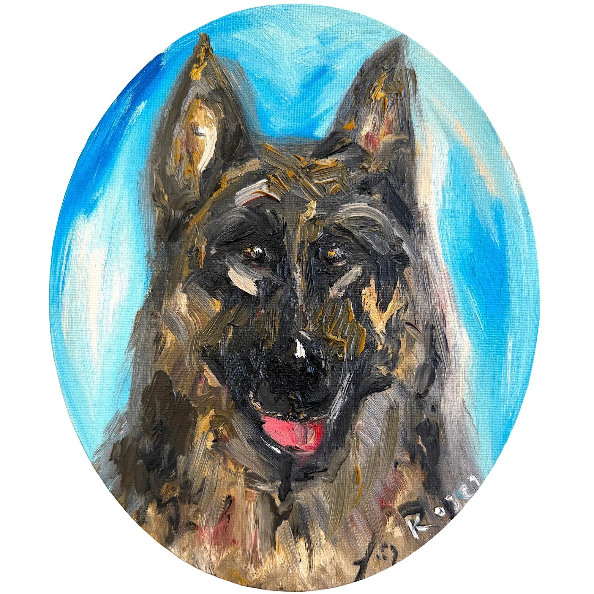 Abstract expressionist German Shepherd dog portrait, original oil painting by contemporary artist Liis Koger, featuring vibrant blue tones, expressive impasto brushstrokes and richly textured oval can