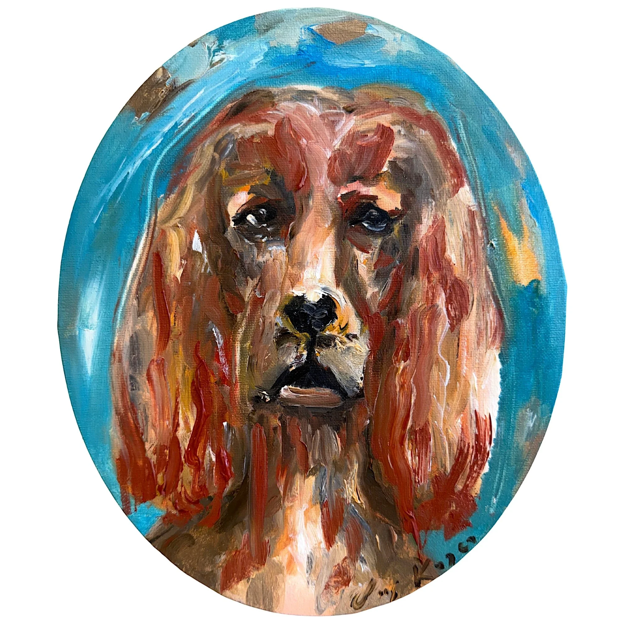 Abstract expressionist English Cocker Spaniel dog portrait, original oil painting by contemporary artist Liis Koger, featuring vibrant turquoise, rich warm colours and expressive impasto brushstrokes