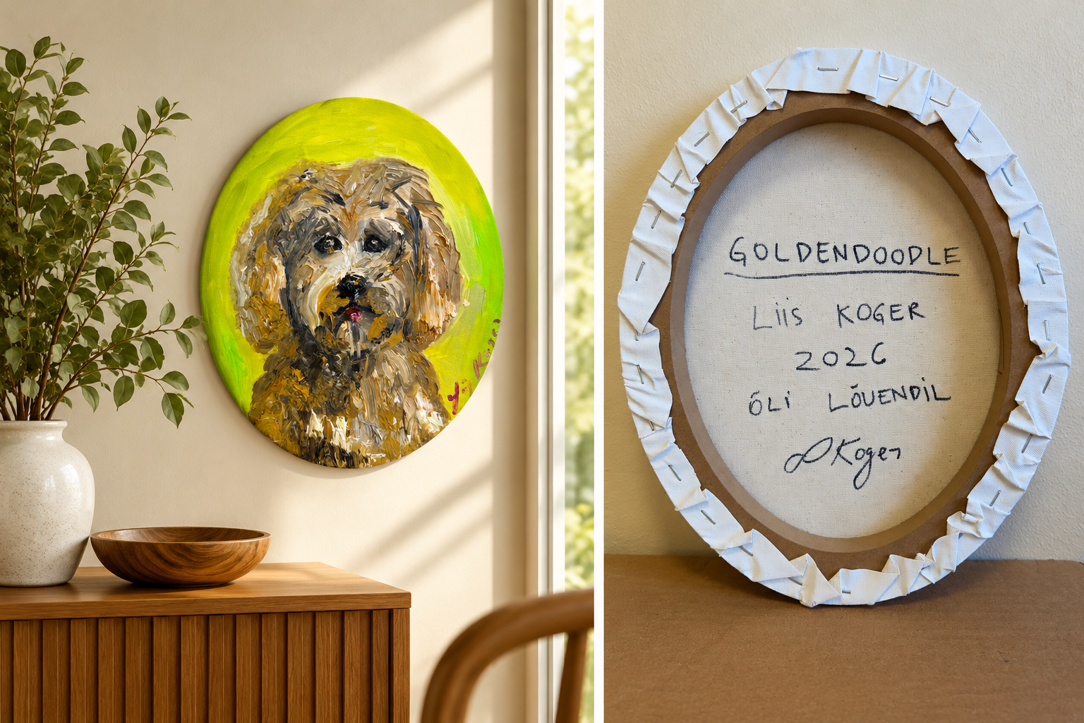 Original Goldendoodle oil portrait by Liis Koger, displayed in a sunlit home interior alongside the signed canvas reverse. Contemporary abstract expressionist dog painting with textured brushwork and