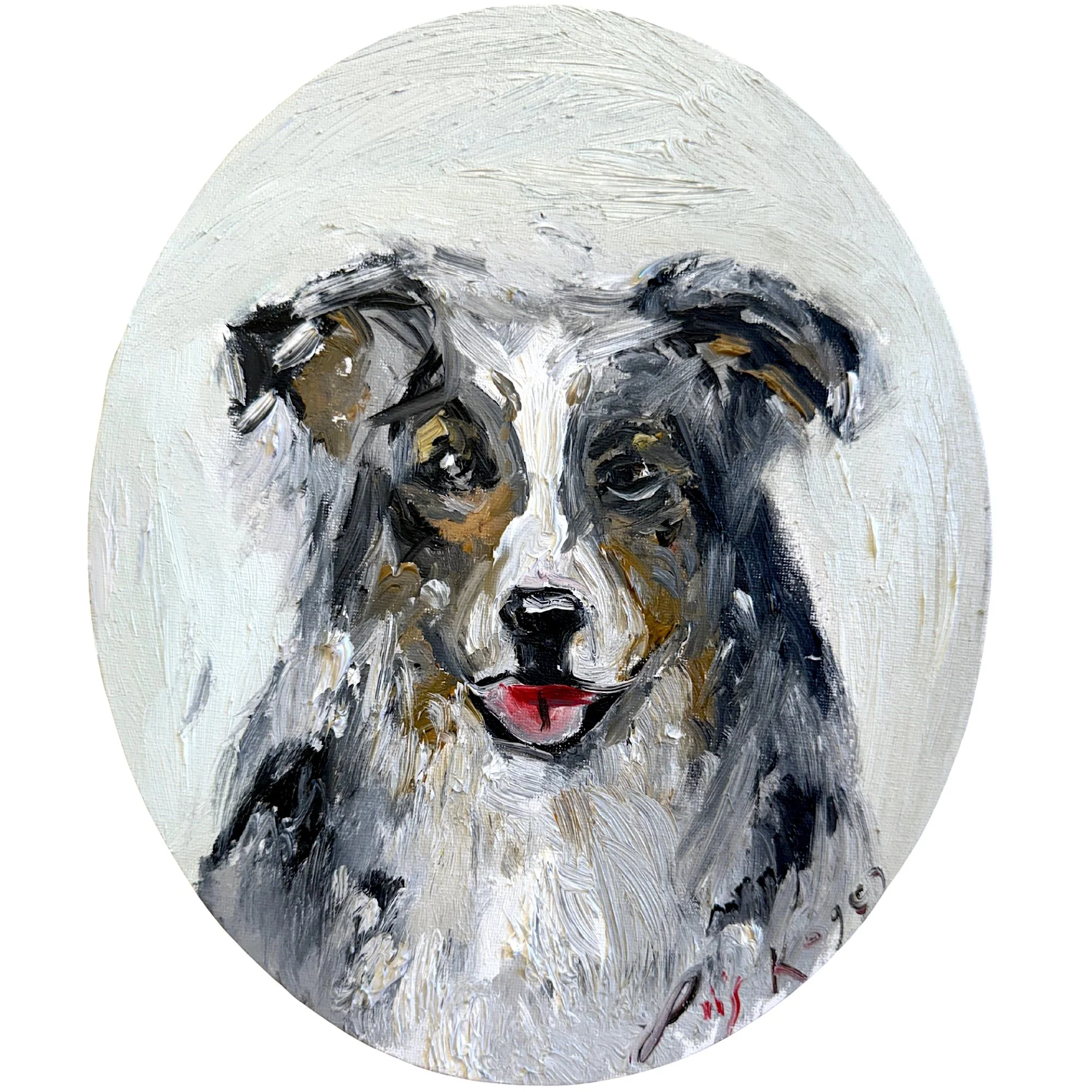 Australian Shepherd oil portrait by Liis Koger, an artist creating expressive dog portraits in oil colours. Original oval painting, 30 × 25 cm, 2026.
