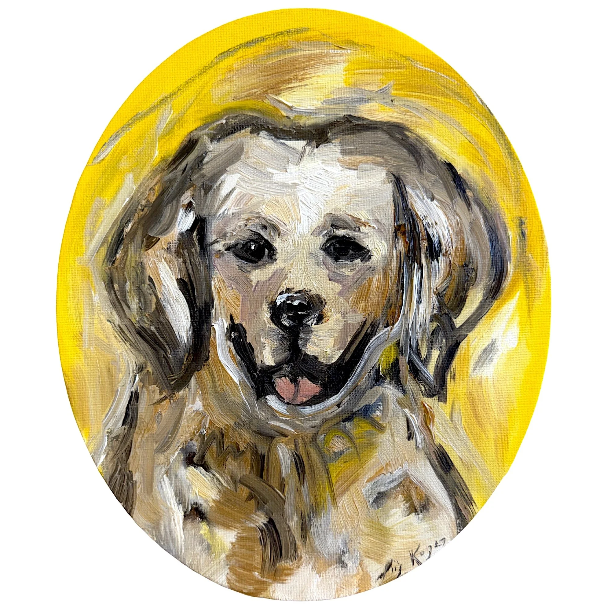 Abstract expressionist Labrador Retriever dog portrait, original oil painting by contemporary artist Liis Koger, featuring a vibrant yellow background, expressive impasto brushstrokes and richly textu