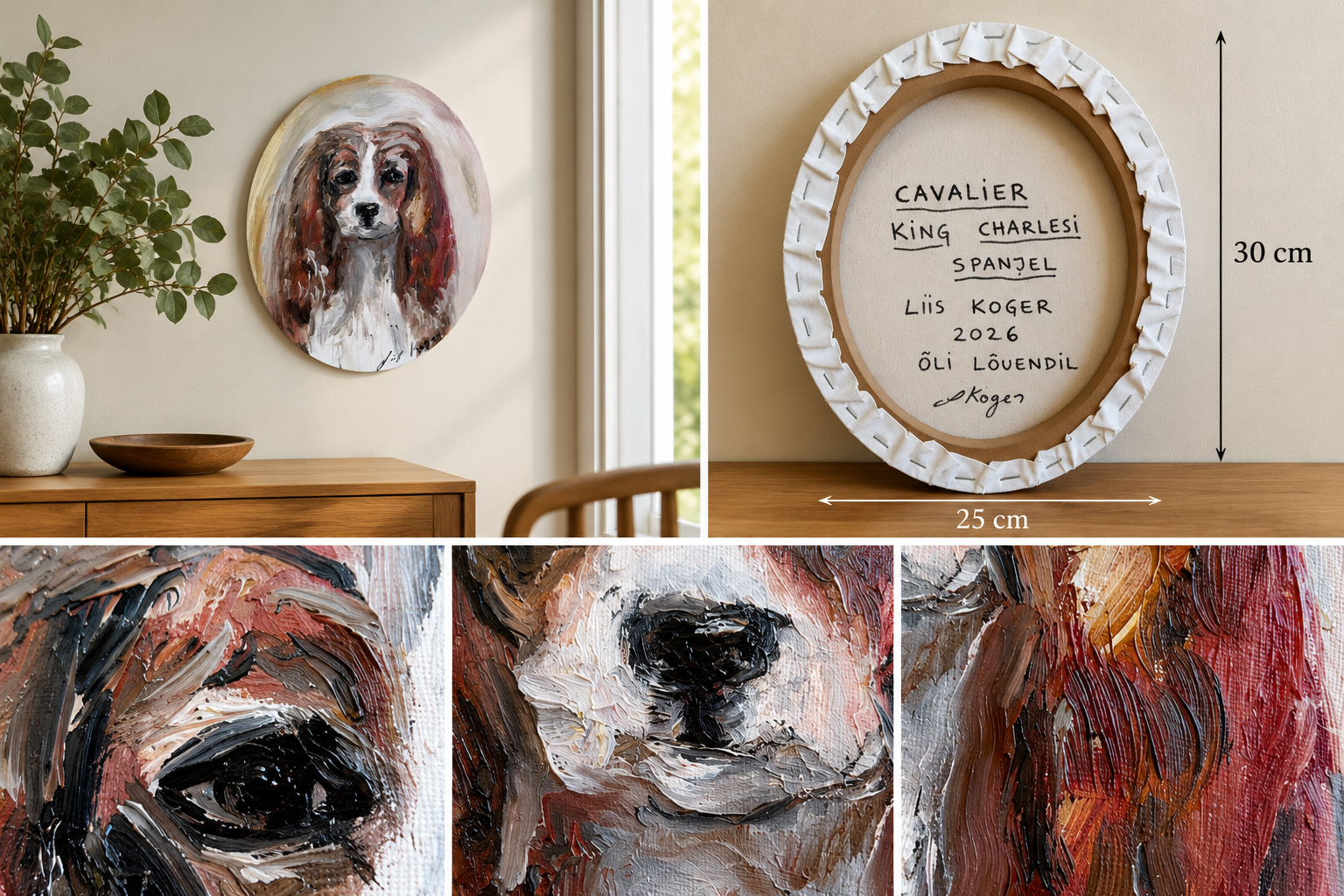 Original Cavalier King Charles Spaniel oil portrait by Liis Koger, shown in a home interior with close-up details of abstract expressionist brushwork, canvas texture and signed reverse.
