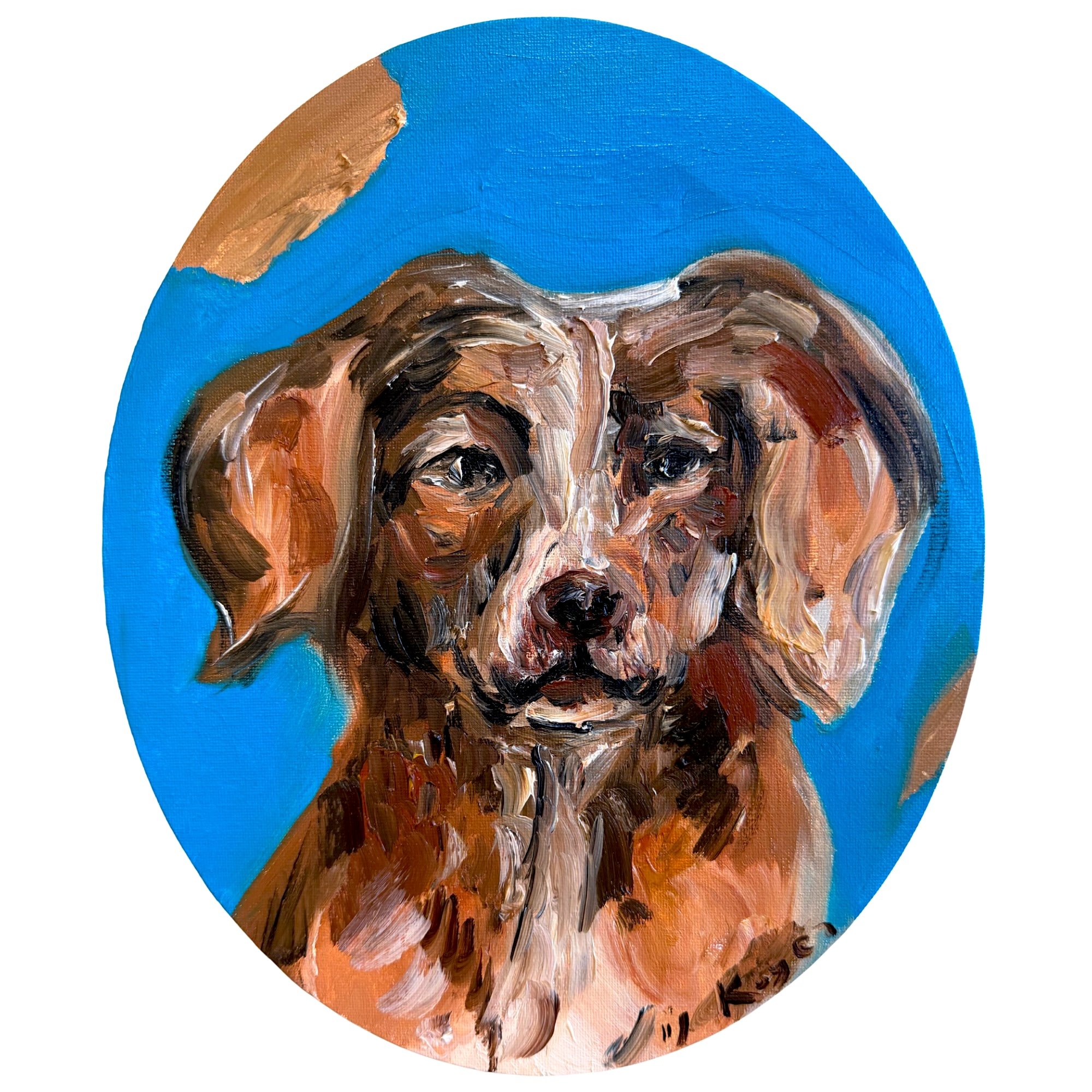 Abstract expressionist Nova Scotia Duck Tolling Retriever dog portrait, original oil painting by contemporary artist Liis Koger, featuring vibrant blue and copper tones, expressive impasto brushstroke