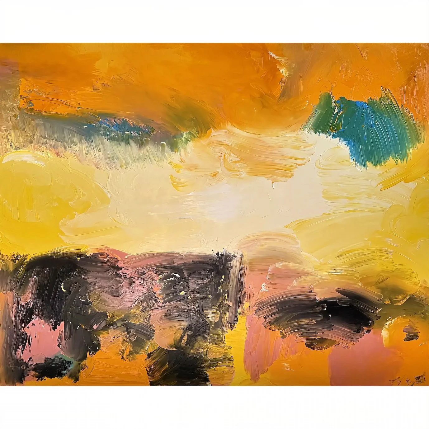 Large original yellow abstract oil painting on canvas with ochre, cream, blush pink, black and teal brushstrokes. Contemporary horizontal artwork measuring 80 × 100 cm.
