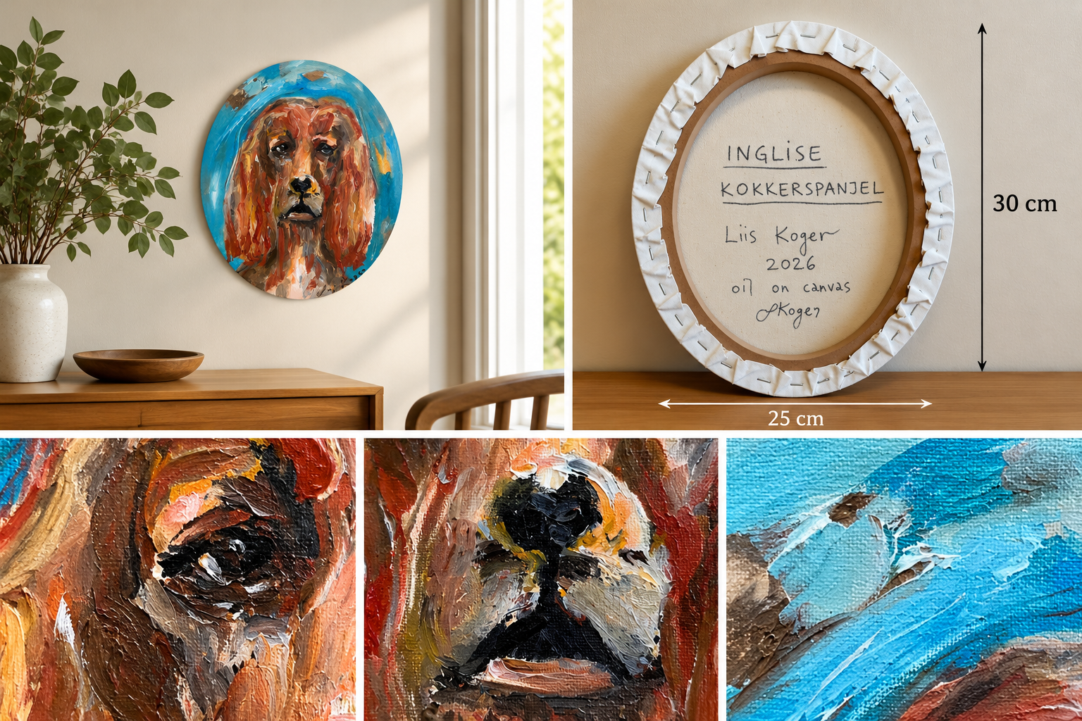 Original English Cocker Spaniel oil portrait by Liis Koger, displayed in a home interior with close-up details of abstract expressionist brushwork, thick oil paint texture and signed canvas reverse, 3