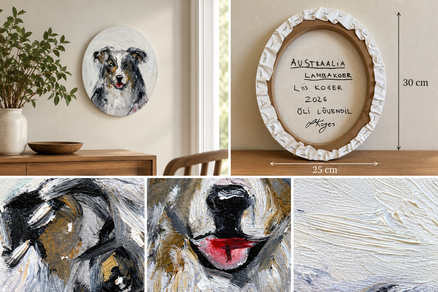 Original Australian Shepherd dog portrait in oil colours by artist Liis Koger, displayed in a home interior with close-up details of textured brushstrokes and the signed back of the 30 × 25 cm oval ca