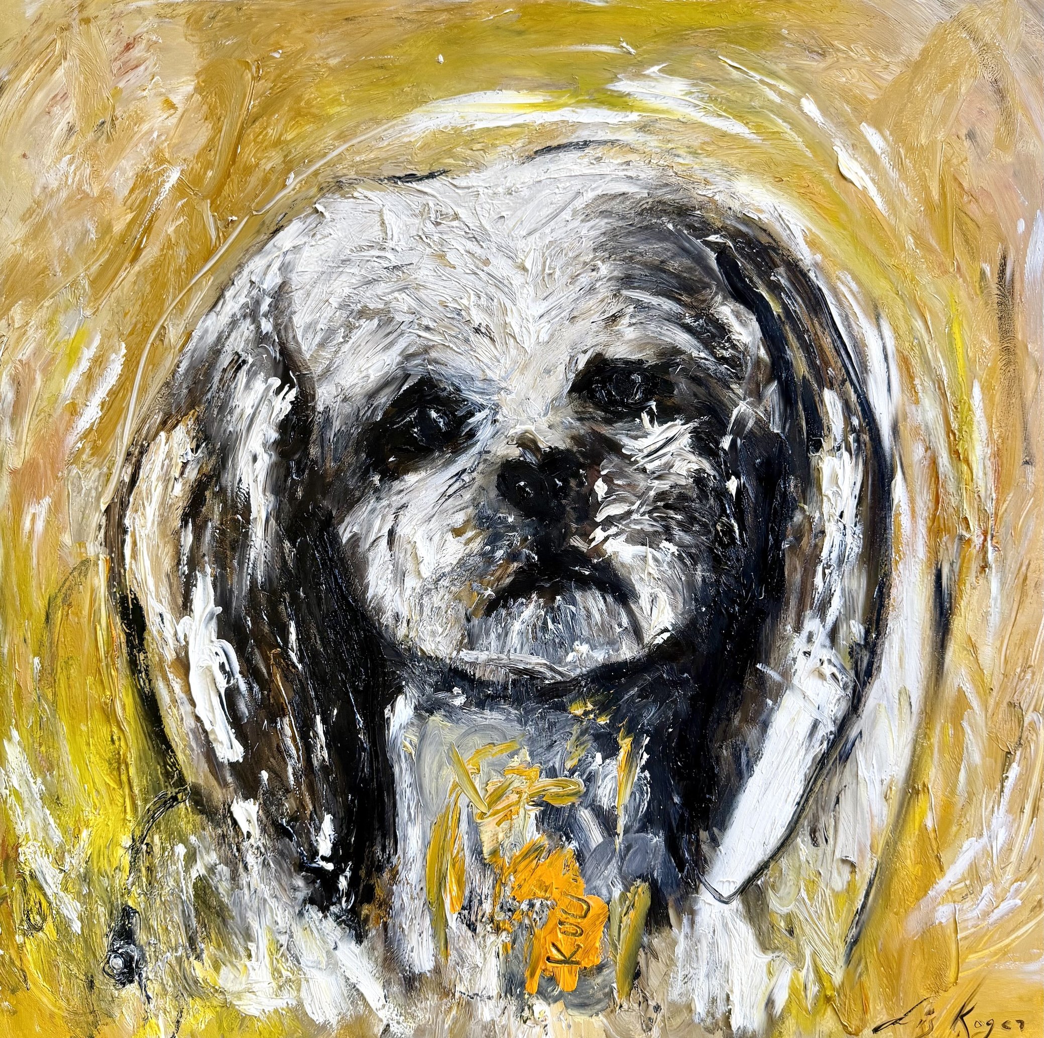 Yellow and white abstract oil portrait of a Shih Tzu dog, hand-painted by artist Liis Koger, who creates custom dog portraits from photographs.