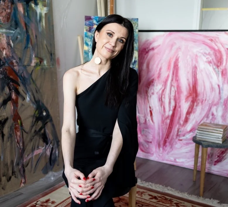 Estonian abstract artist Liis Koger in her atelier (studio portrait)