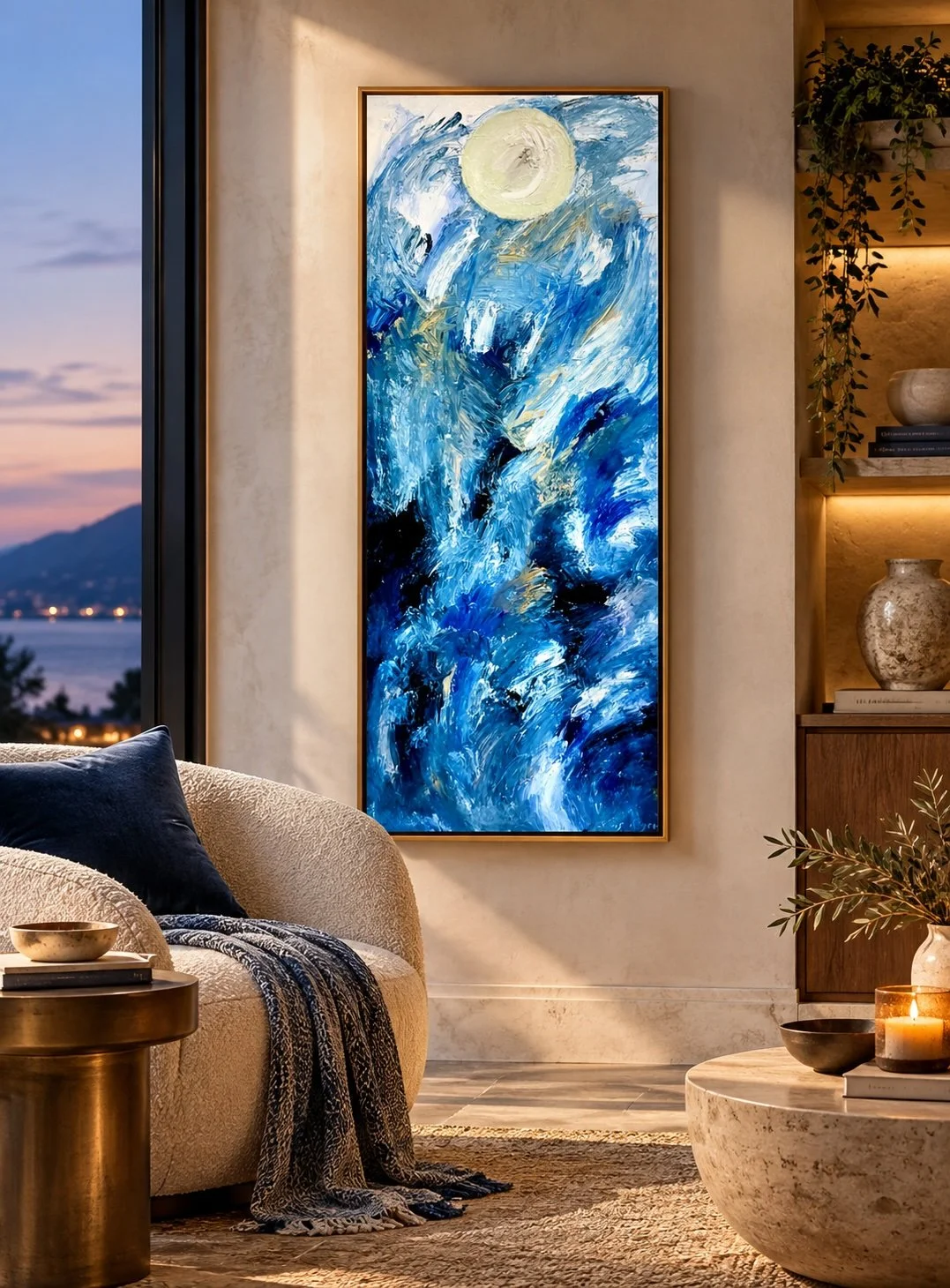 I Miss You, original 58 × 145 cm vertical abstract oil painting featuring expressive cobalt blue and turquoise brushstrokes beneath a luminous pale moon.