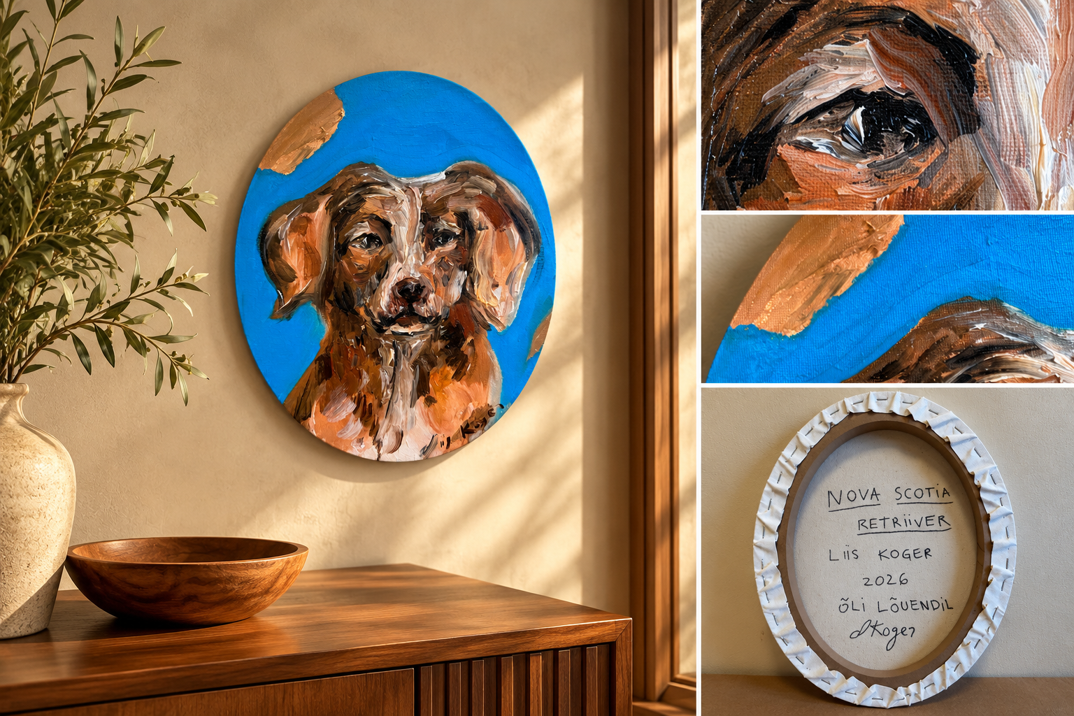 Original Nova Scotia Duck Tolling Retriever oil portrait by Liis Koger, displayed in an elegant home interior with close-ups of abstract expressionist brushwork and the signed canvas reverse. Oval dog