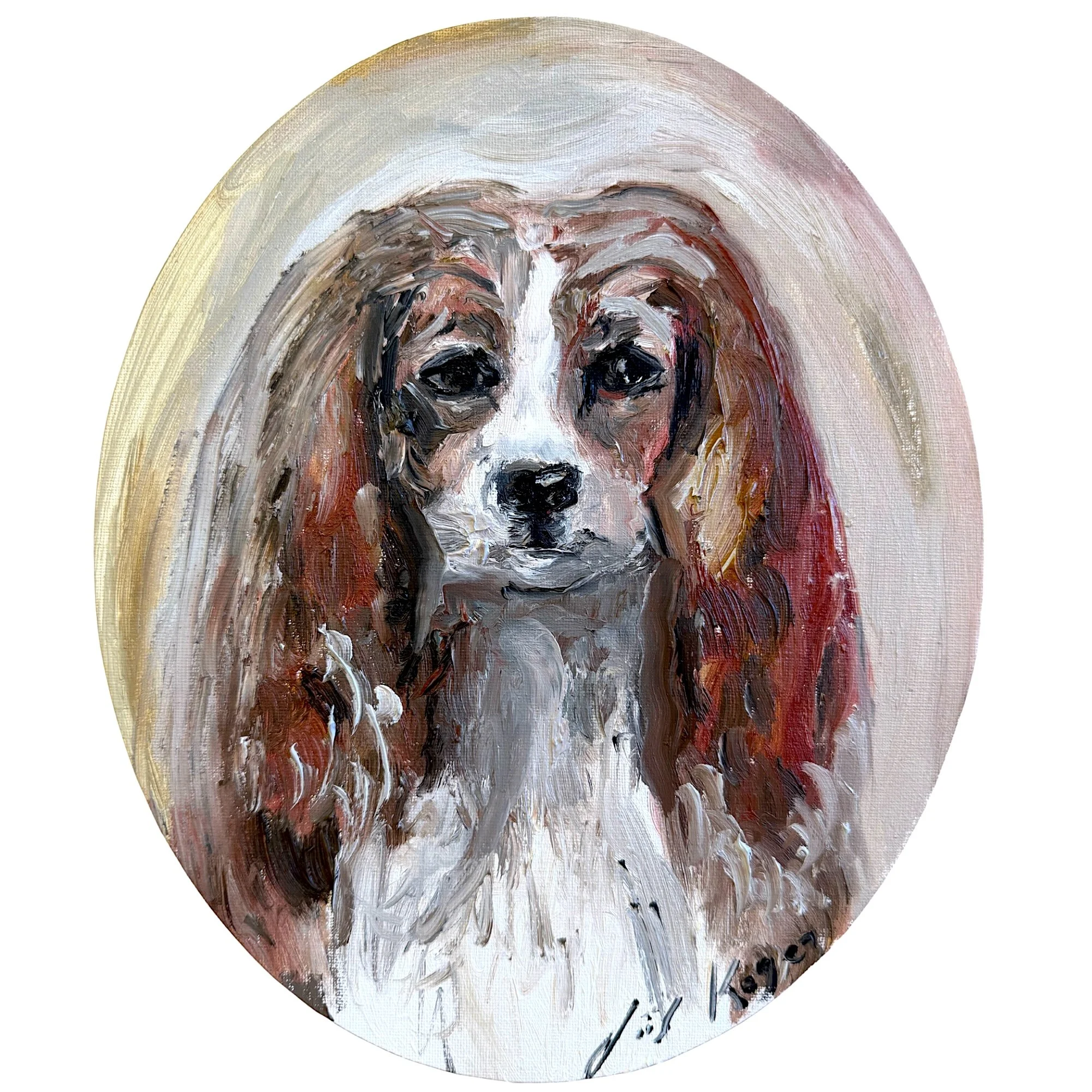 Abstract expressionist dog portrait of a Cavalier King Charles Spaniel, original oil painting by contemporary artist Liis Koger with expressive impasto brushstrokes.