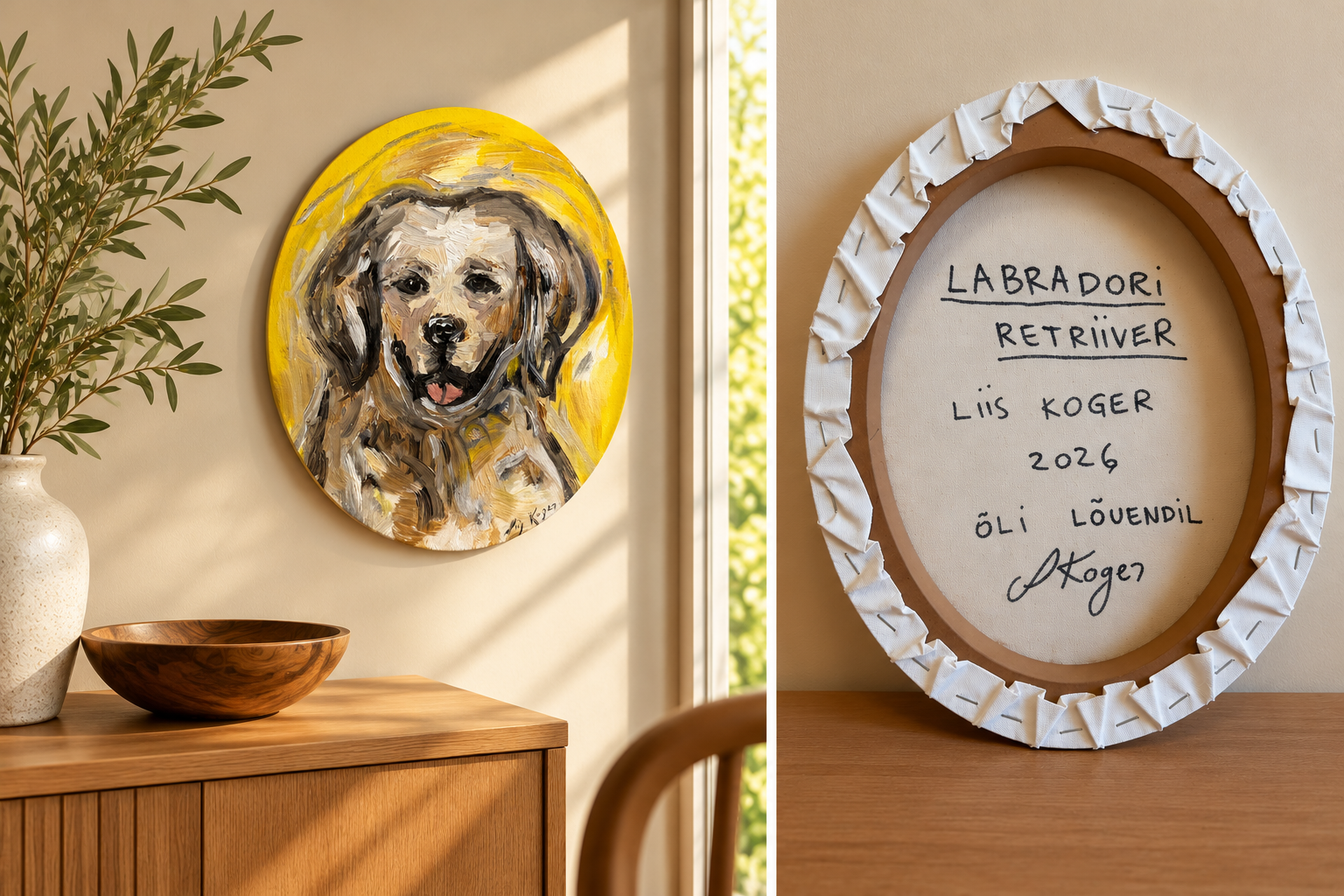 Original Labrador Retriever oil portrait by Liis Koger, displayed in an elegant sunlit home interior alongside the signed canvas reverse. Contemporary abstract expressionist dog painting with textured