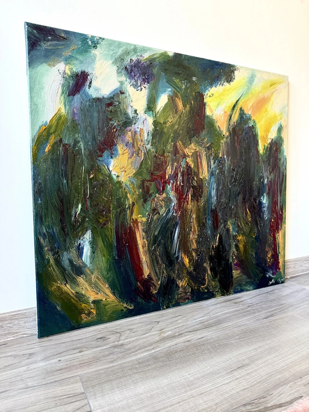 Abstract forest painting dark green oil on canvas directly from the artist Liis Koger view.jpg