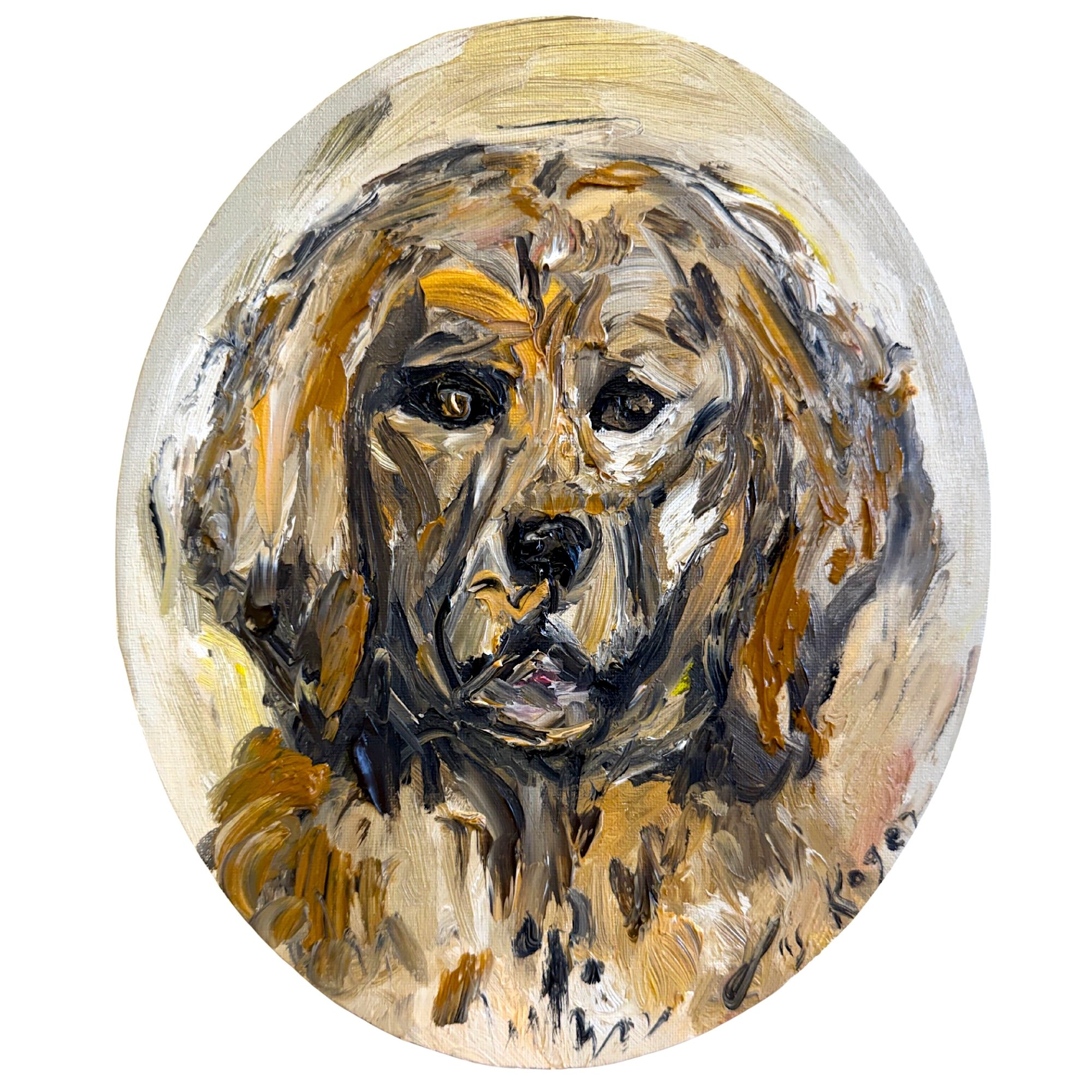 Abstract expressionist Golden Retriever dog portrait, original oil painting by contemporary artist Liis Koger, featuring warm golden tones, expressive impasto brushstrokes and richly textured oval can