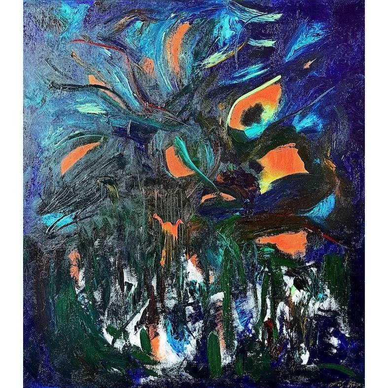 Abstract painting “I Am The Power Source” by Liis Koger, 2025, oil on canvas, dark blue with orange accents, meditative energy artwork.