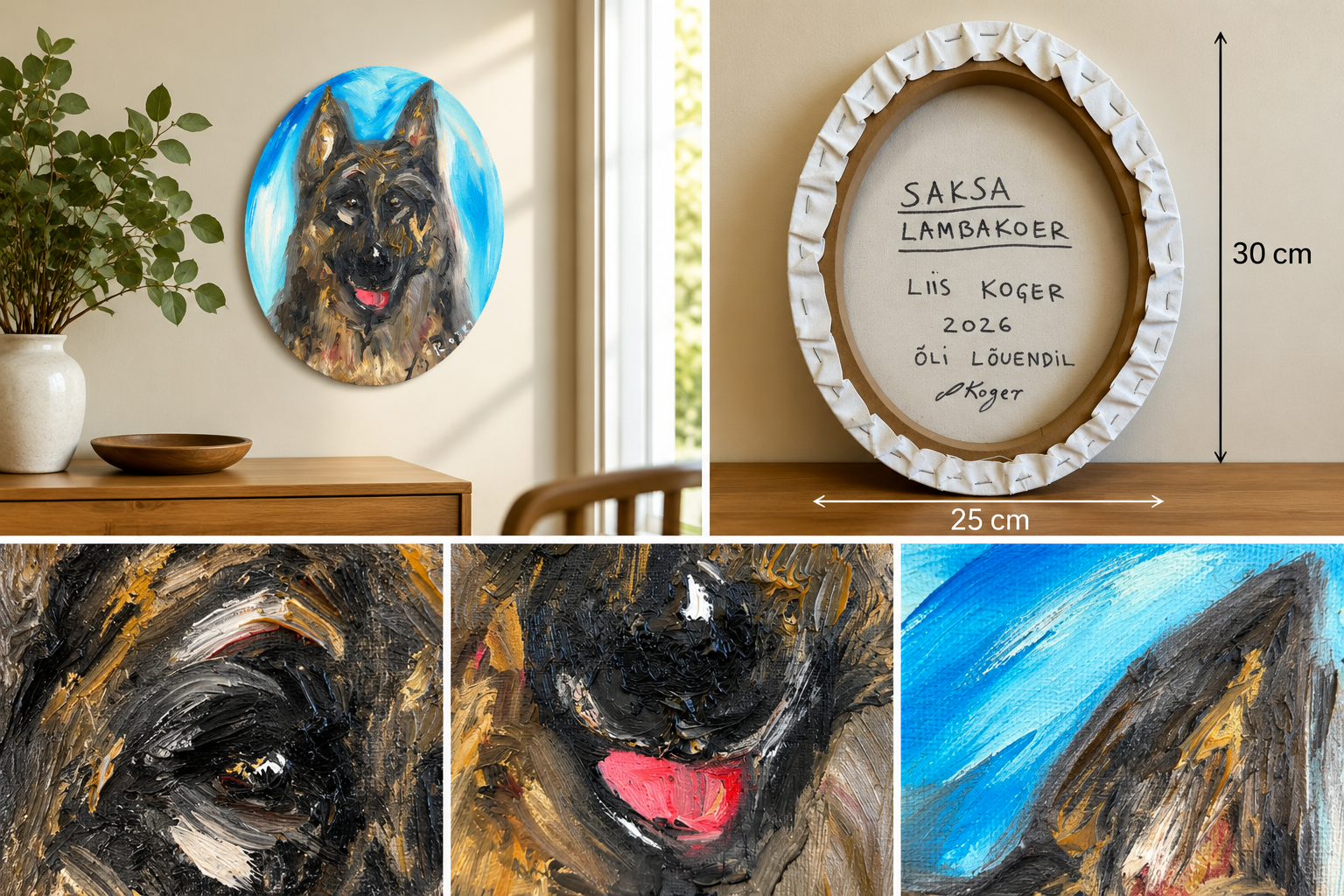 Original German Shepherd oil portrait by Liis Koger, displayed in a home interior with close-up details of abstract expressionist brushwork, thick oil paint texture and signed canvas reverse, 30 × 25