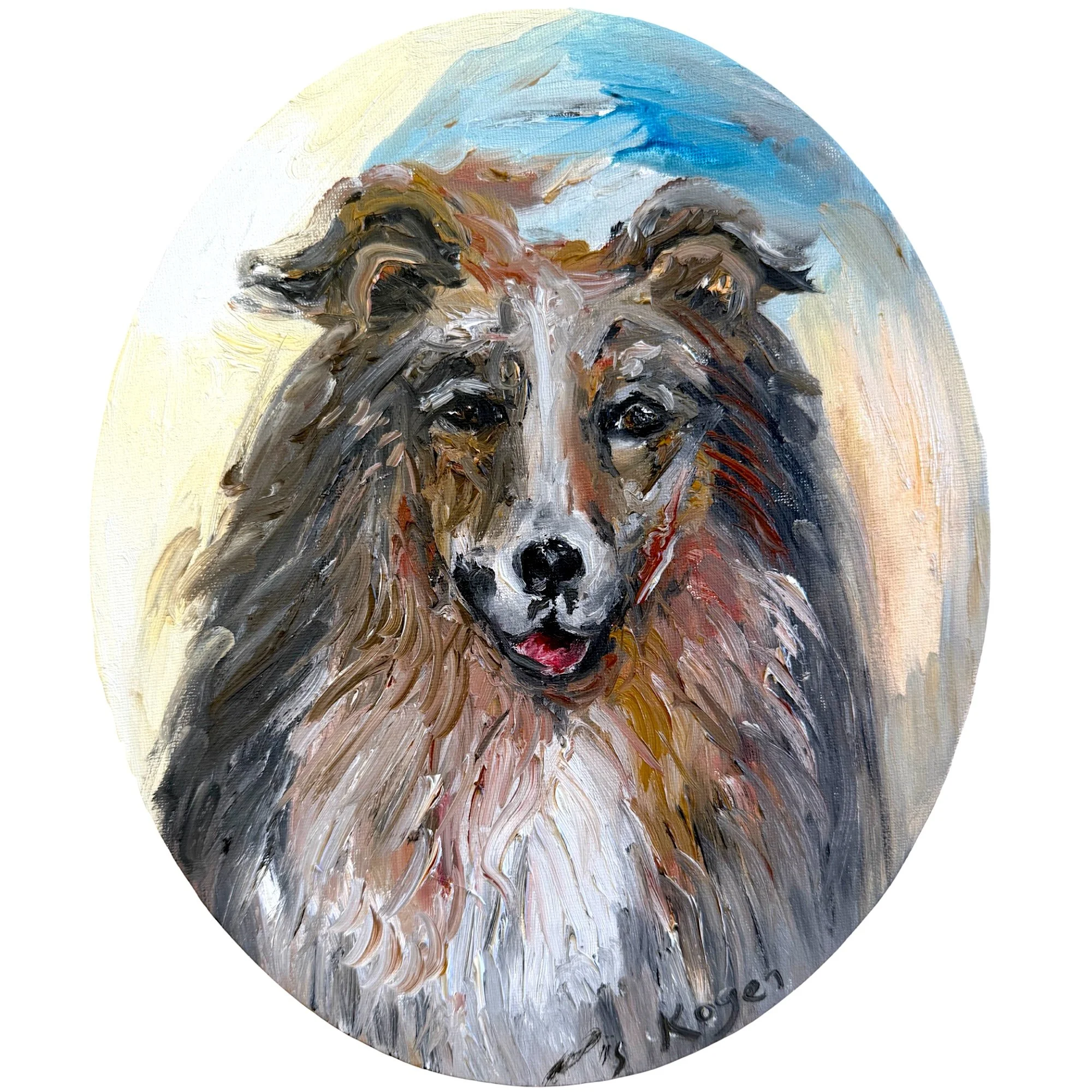 Abstract expressionist Collie dog portrait, original oil painting by contemporary artist Liis Koger, featuring expressive impasto brushstrokes, rich colours and textured oval canvas.