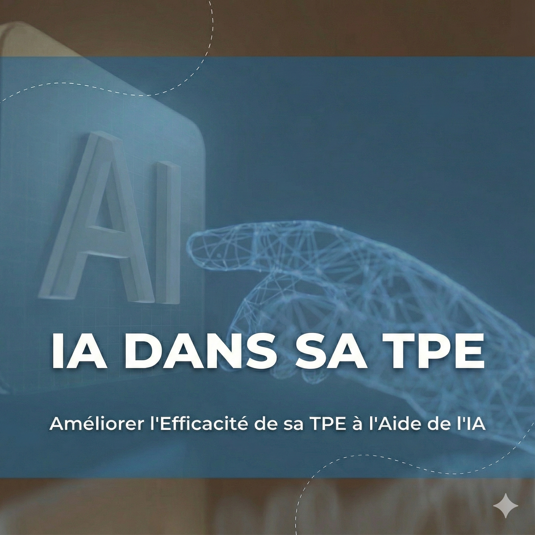 Représentation numérique d'une main en fil de wireframe pointant vers un écran avec un graphique avec la mention 'IA pour tous'.