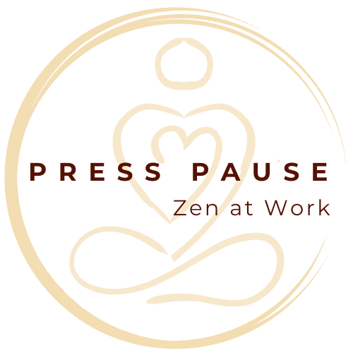 Logo featuring a minimalist, abstract line drawing of a person sitting cross-legged in meditation with a heart shape in front, encircled by a gold circle, with the text 'Press Pause' and 'en at Work' overlaid.