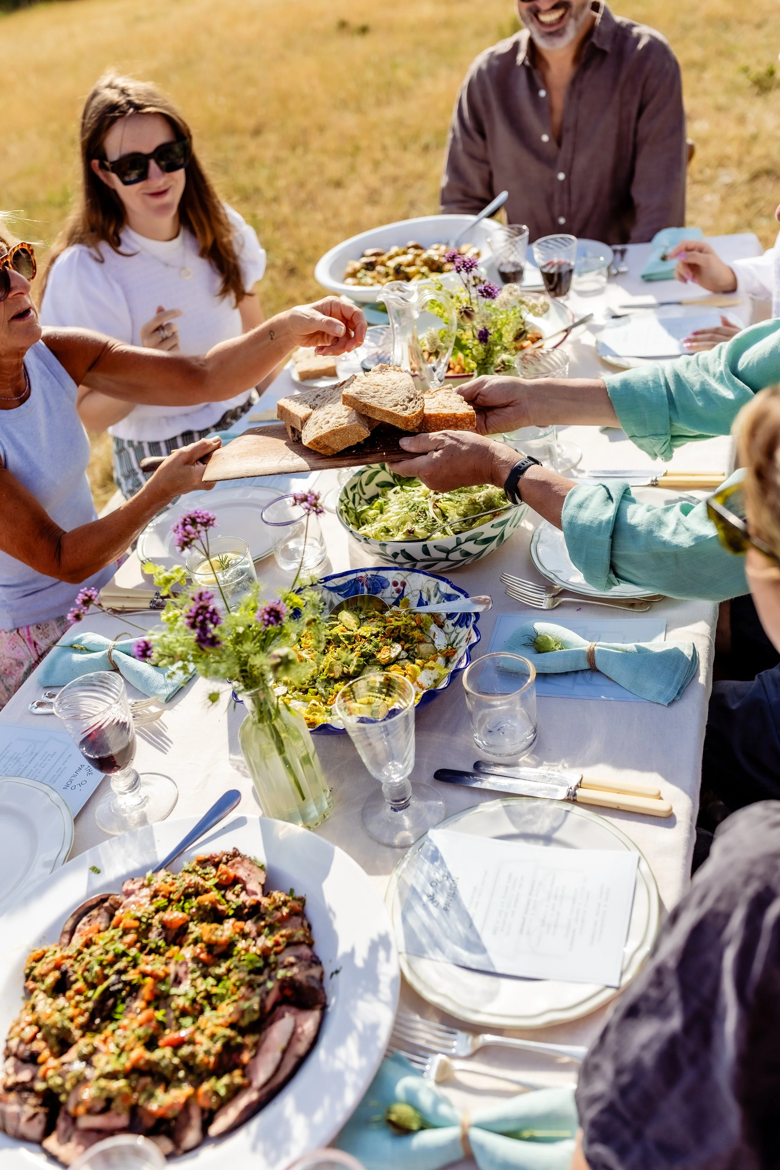 People enjoying an outdoor meal around a long table with various dishes, including a large piece of meat topped with herbs and vegetables, salads, bread, and glasses of red wine, with sunlight and a grassy field in the background.