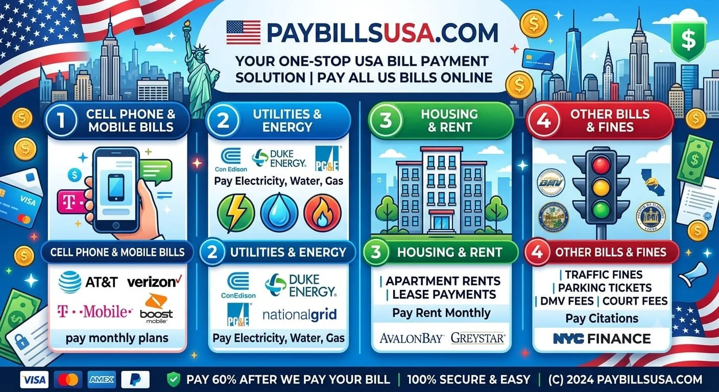 An infographic from PAYBILLSUSA.COM illustrating a one-stop USA bill payment solution, showing four categories: 1) cell phone and mobile bills, 2) utilities and energy bills, 3) housing and rent, 4) other bills and fines, with logos and icons representing various service providers and payment methods.