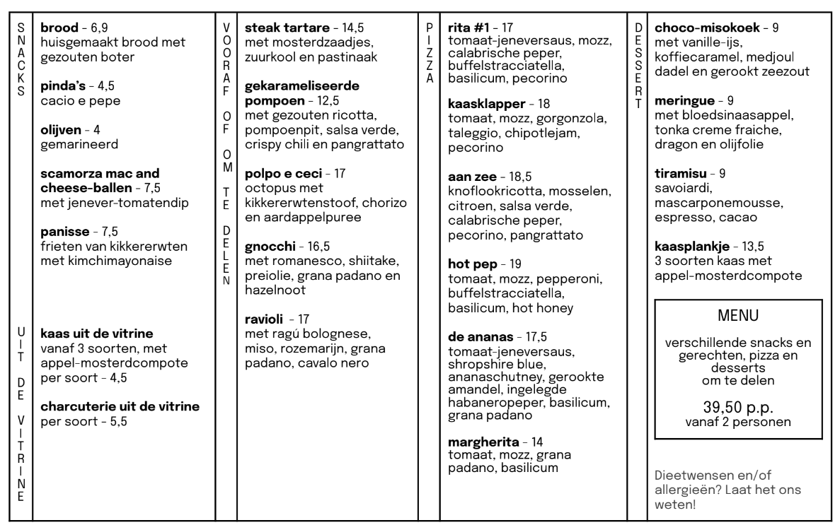 Menukaart met pizza, verschillende gerechten en hapjes, inclusief brood, steak tartare, kaas, pizza's, desserts en snacks.