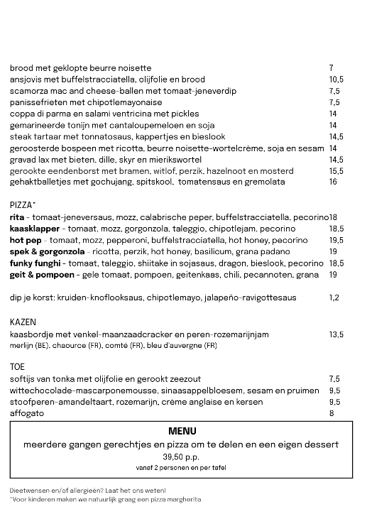 Polly's menukaart met pizza, kleine gerechten om te delen voor shared dining en desserts zoals huisgemaakt softijs