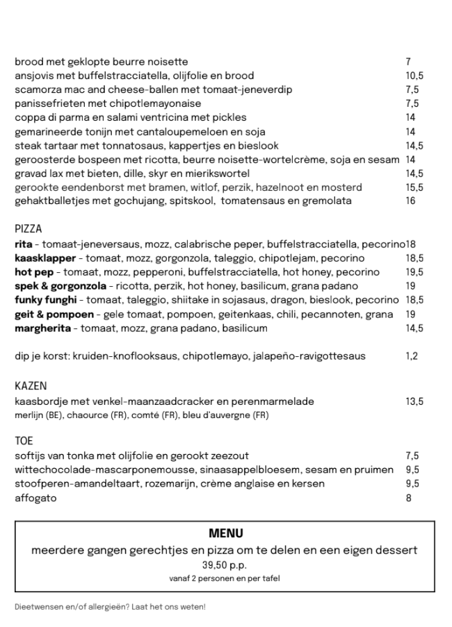 Menukaart van goed restaurant in Katwijk Polly's met verse pizza, shared dining gerechtjes en huisgemaakt softijs en andere desserts