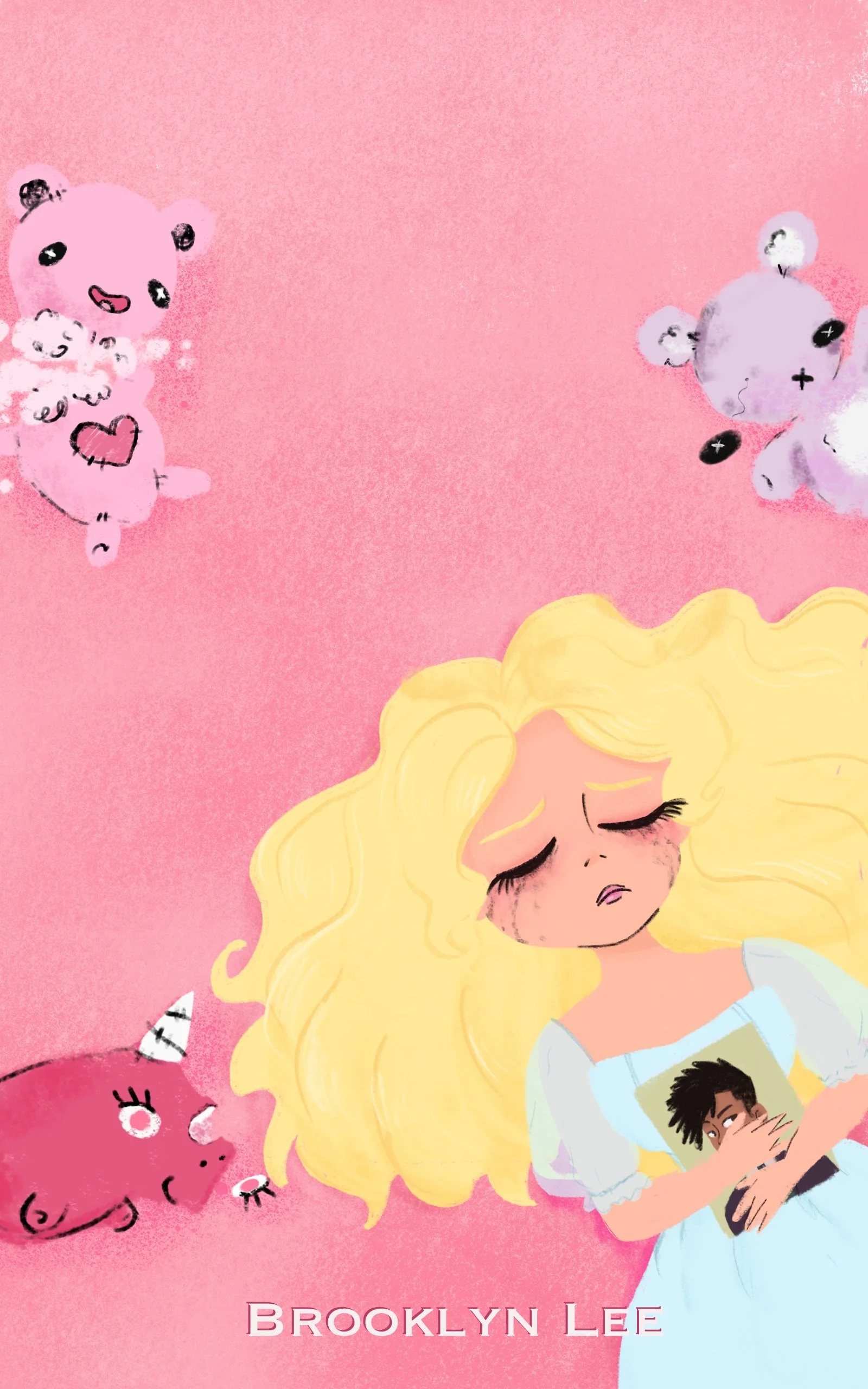 Illustration of a girl with long blonde hair, holding a photo of a boy, appearing sad and crying. The background is pink with floating cute, cartoon-like animal characters, including a pink bear, a purple bear, and a pink unicorn.