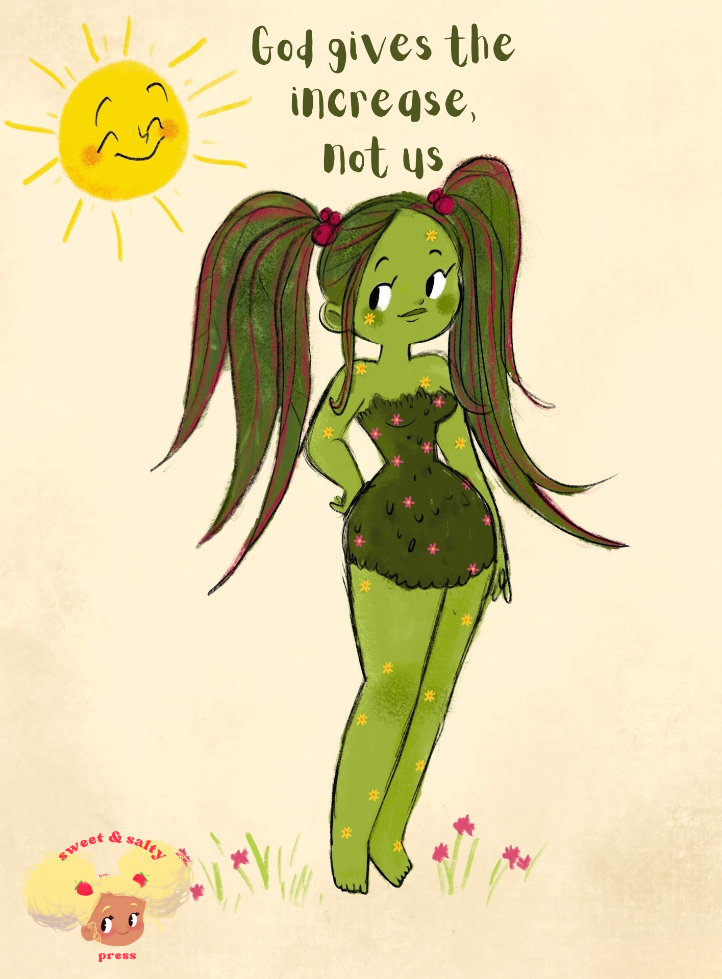 an illustration of a plant woman and a smiling sun with text that says: God gives the increase, not us