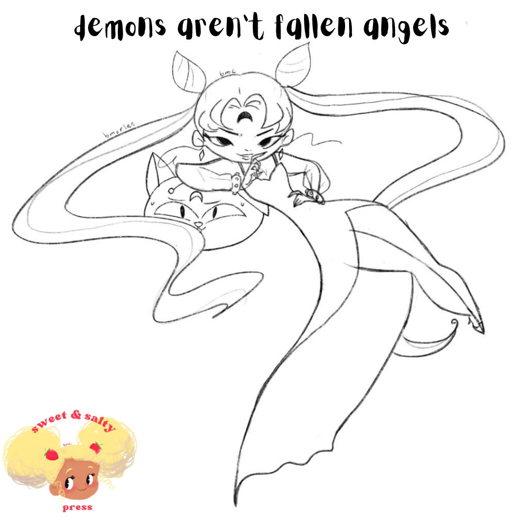 An illustration of a woman leaning on a cat robot with text that says: demons aren't fallen angels.
