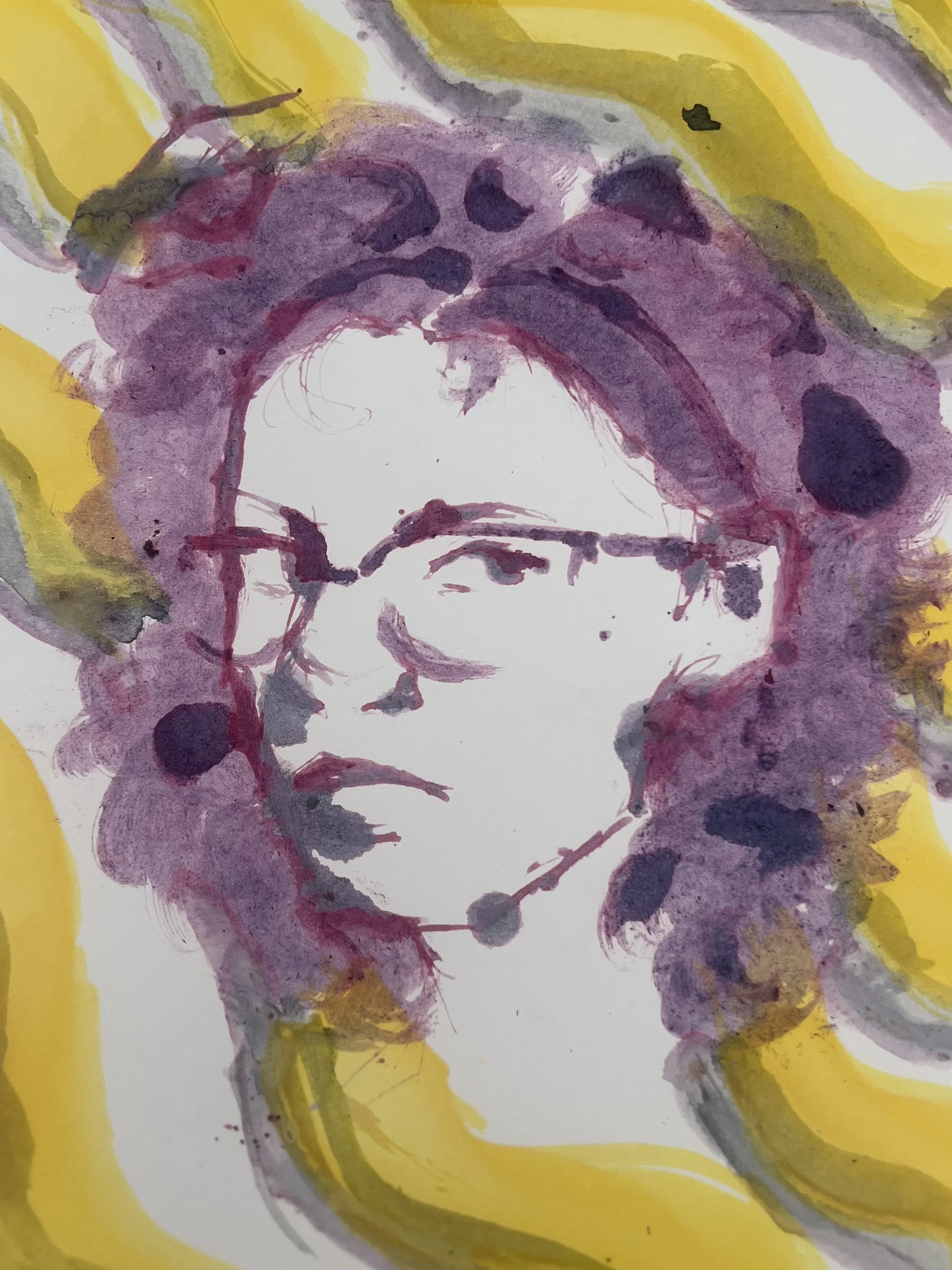 A watercolor painting of a woman with glasses, surrounded by a yellow background with purple and black spots.