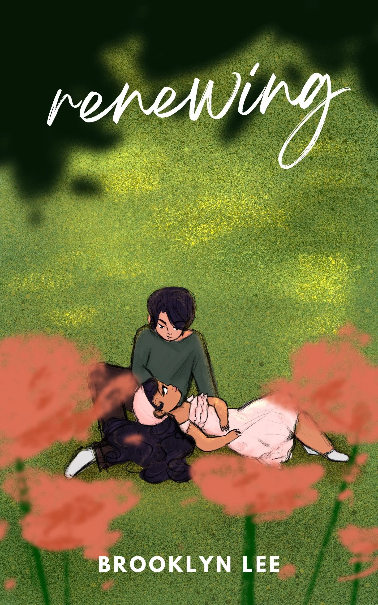 Book cover titled 'Renewing' by Brooklyn Lee, illustrating a young boy and girl lying on grass surrounded by pink flowers, with the girl wearing a white dress and the boy in a green sweater.