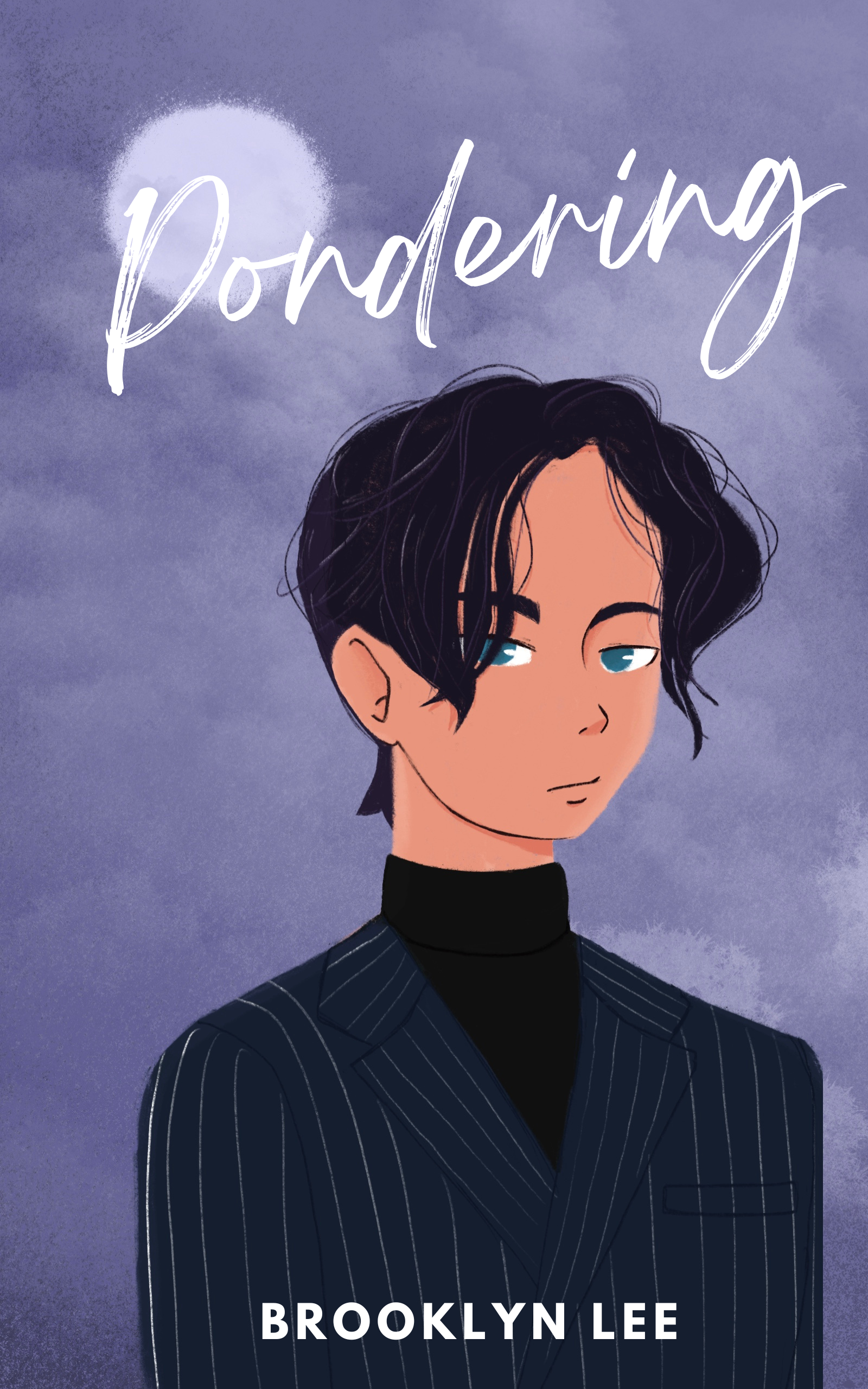 Book cover titled "Pondering" by Brooklyn Lee, featuring an illustration of a young person with black, shoulder-length hair, wearing a black turtleneck and a striped blazer, set against a purple background with a moon in the top left corner.