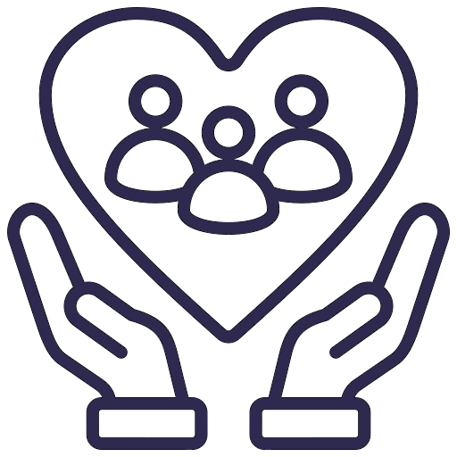 Symbolisches Icon mit zwei Händen, die ein Herz mit vier Personensymbolen darin halten.