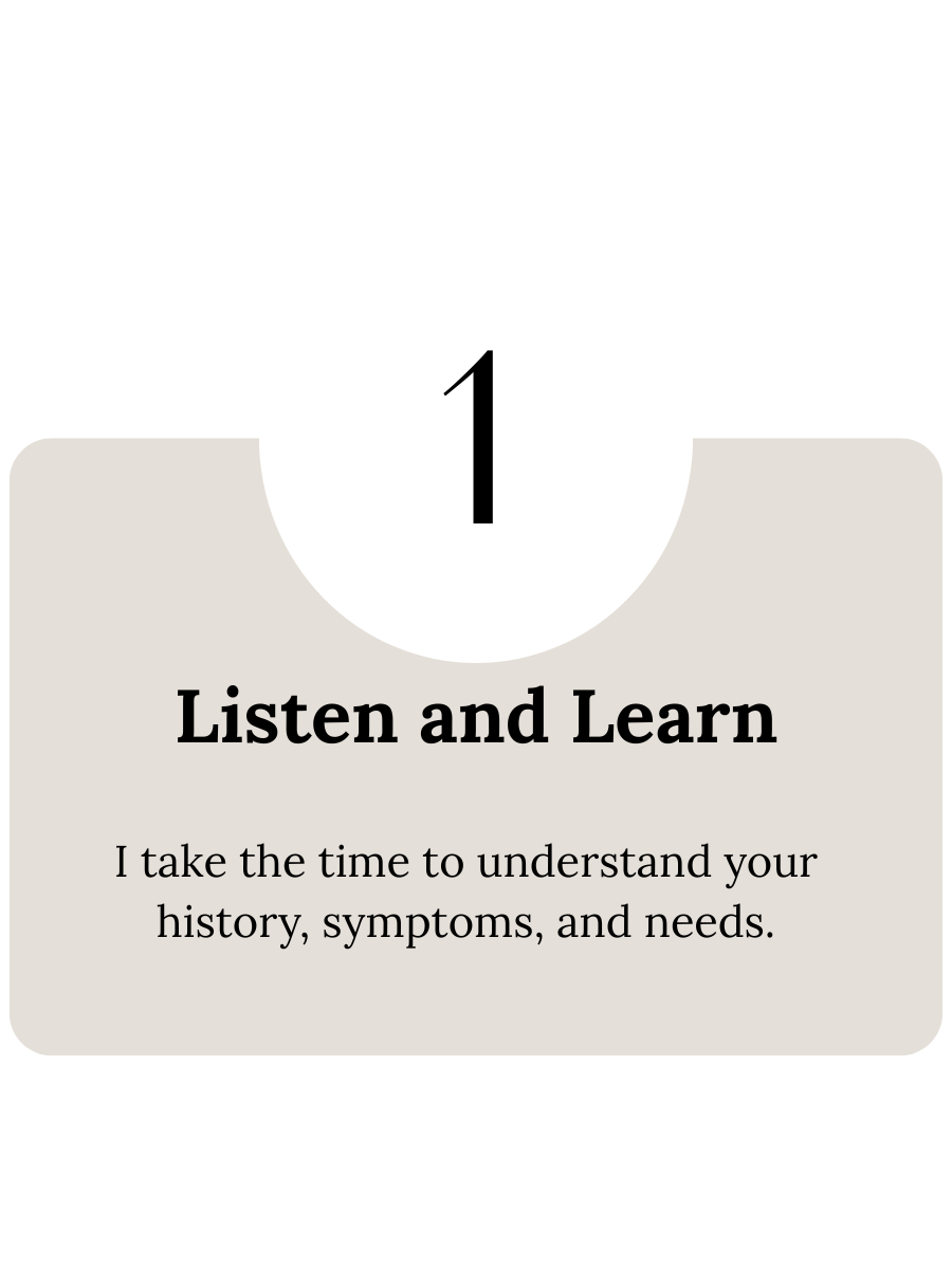 Number 1 badge with the text 'Listen and Learn' and a description about understanding a person's history, symptoms, and needs.