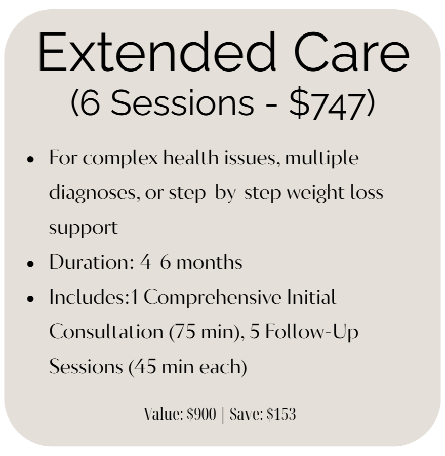 Flyer for extended care package offering 6 sessions for $747, including a comprehensive initial consultation and five follow-up sessions, lasting 4 to 6 months.