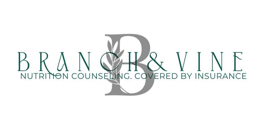The logo for Branch & Vine Nutrition Counseling, Inc., featuring a large black 'B' intertwined with a grapevine design and the company name in green, with a tagline indicating insurance coverage.