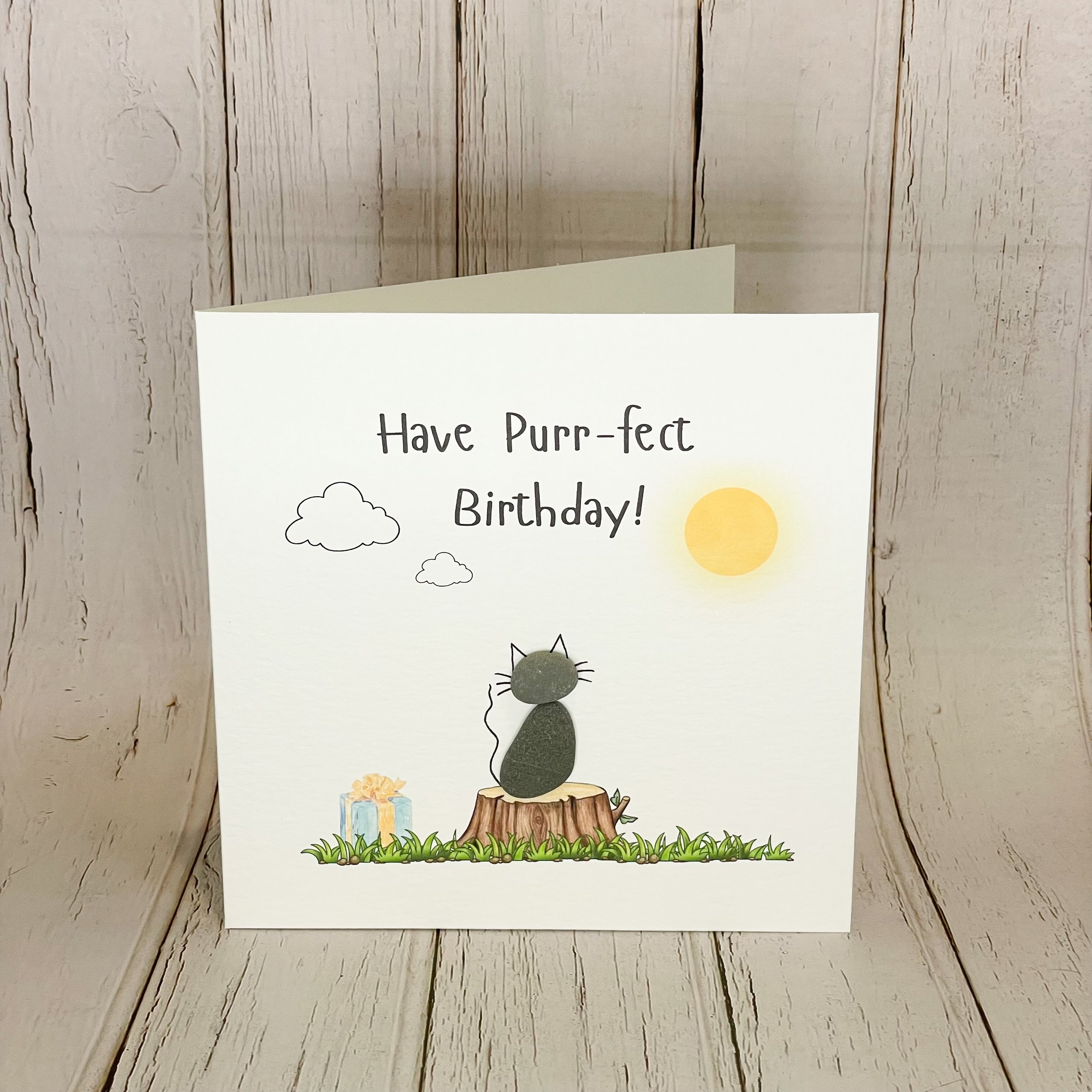 Handmade Pebble Art Birthday Card with Cat