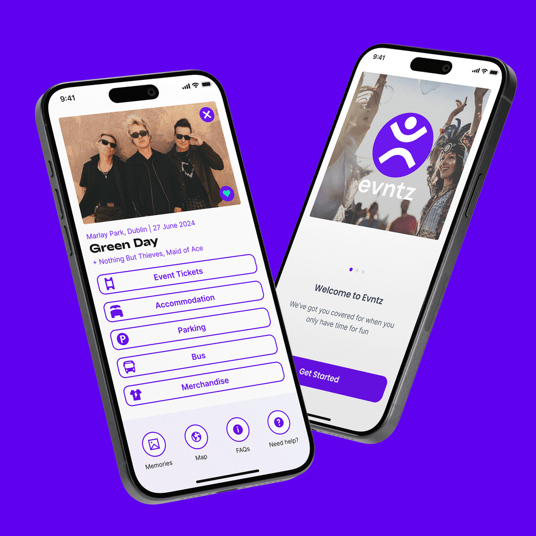 Two smartphones displaying the Eventz app. One screen shows event details for a Green Day concert in Marlay Park, Dublin on June 27, 2024, with options for tickets, accommodation, parking, bus, and merchandise. The other screen displays the app's log