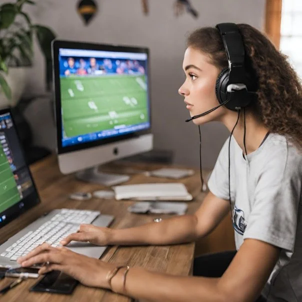 Woman wearing headphones at a desk with dual computer screens displaying a football game, using a keyboard and mouse, focused on the monitors.
