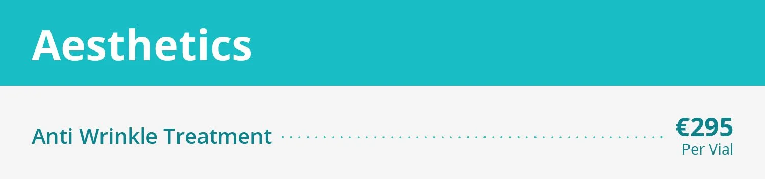 Pricing information for anti-wrinkle treatment, costing 295 euros per vial, displayed on a teal and white banner with the word 'Aesthetics' at the top.