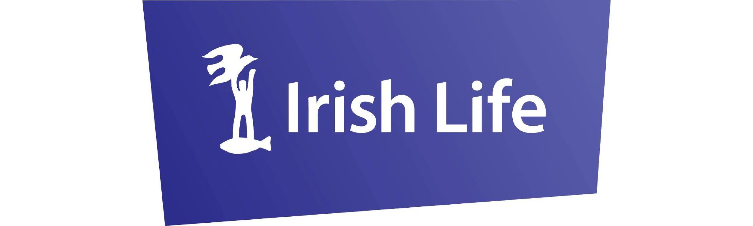 A logo with a white silhouette of a woman in a dress standing on a fish, next to the words 'Irish Life' in white, on a blue background.