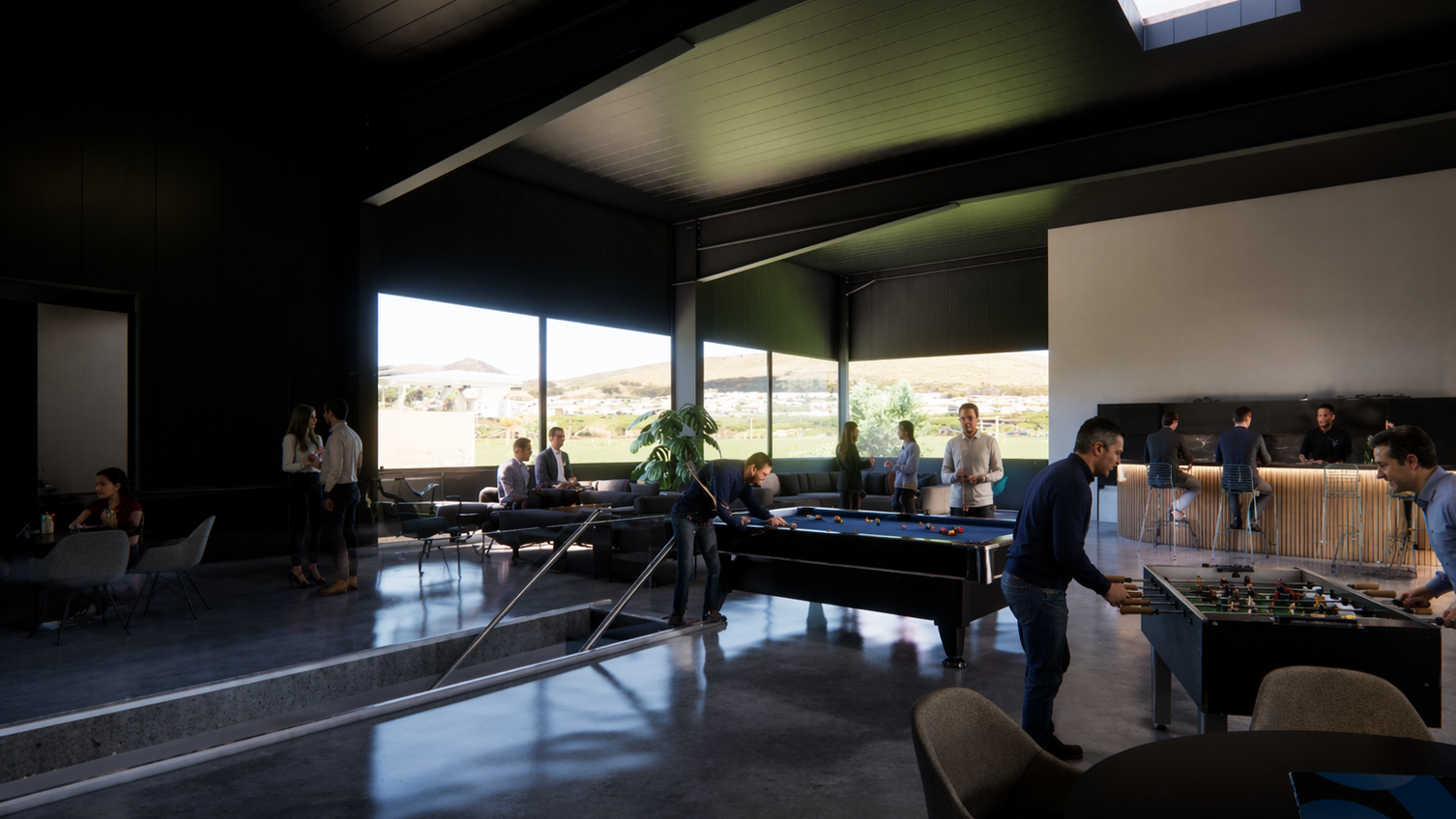 Menschen spielen Billard, Tischkicker und genießen Getränke in einer modernen Lounge mit großen Fenstern und Blick auf eine Naturlandschaft.